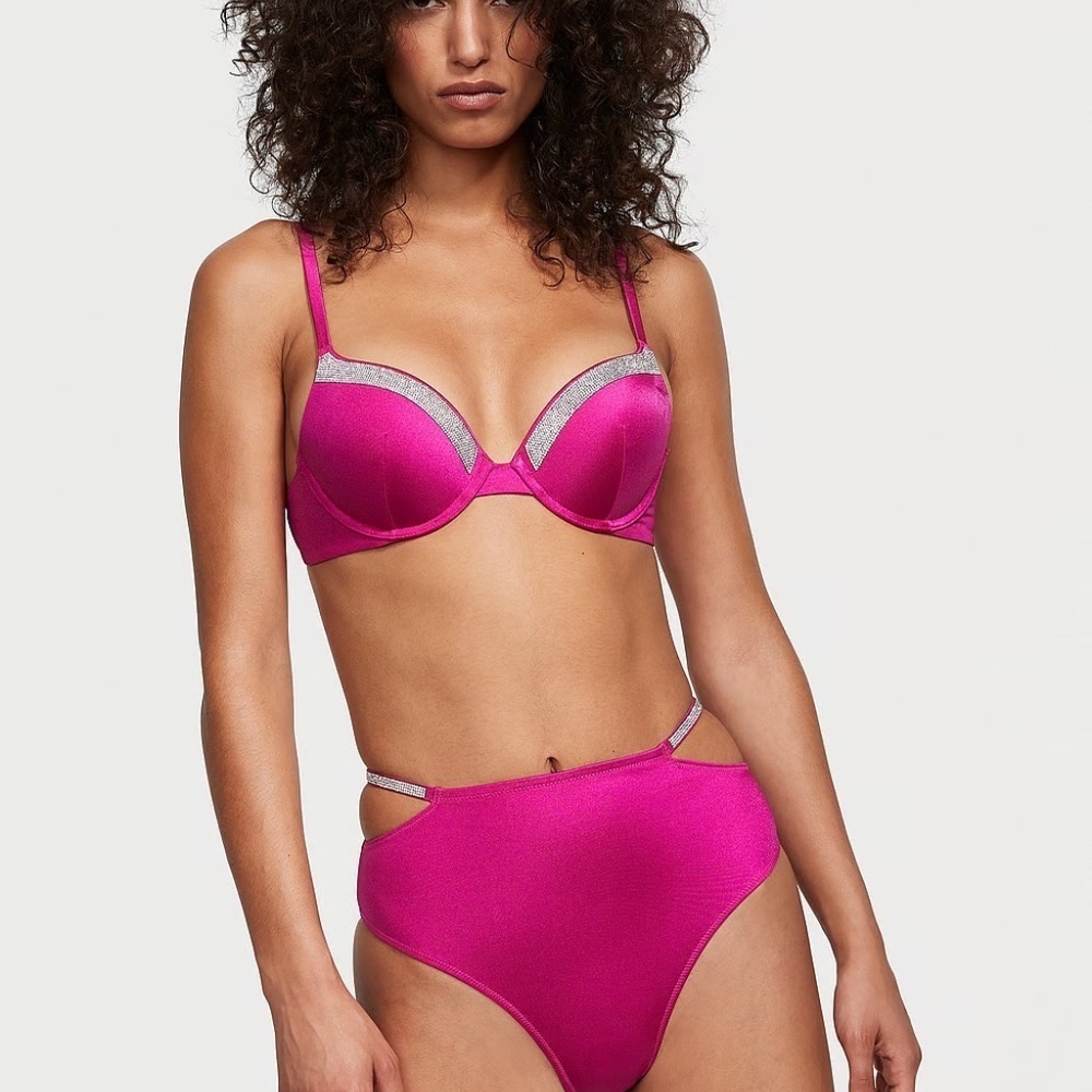 New! Set! Victoria's Secret Shine Strap Bikini Set Berry Blush Pink 45603
